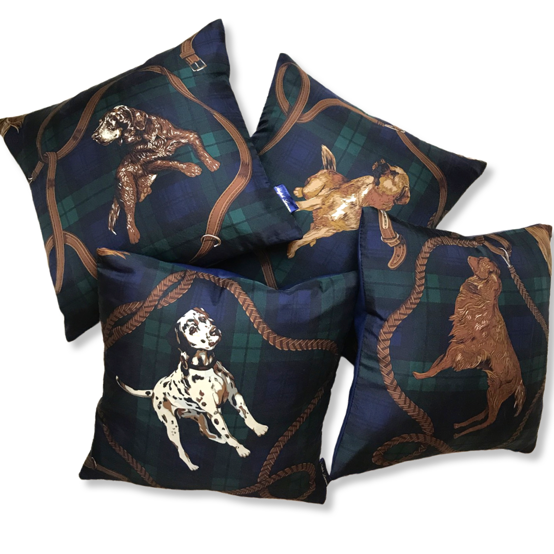 RALPH LAUREN Black Watch Dog Vintage Silk Scarf Pillow Covers