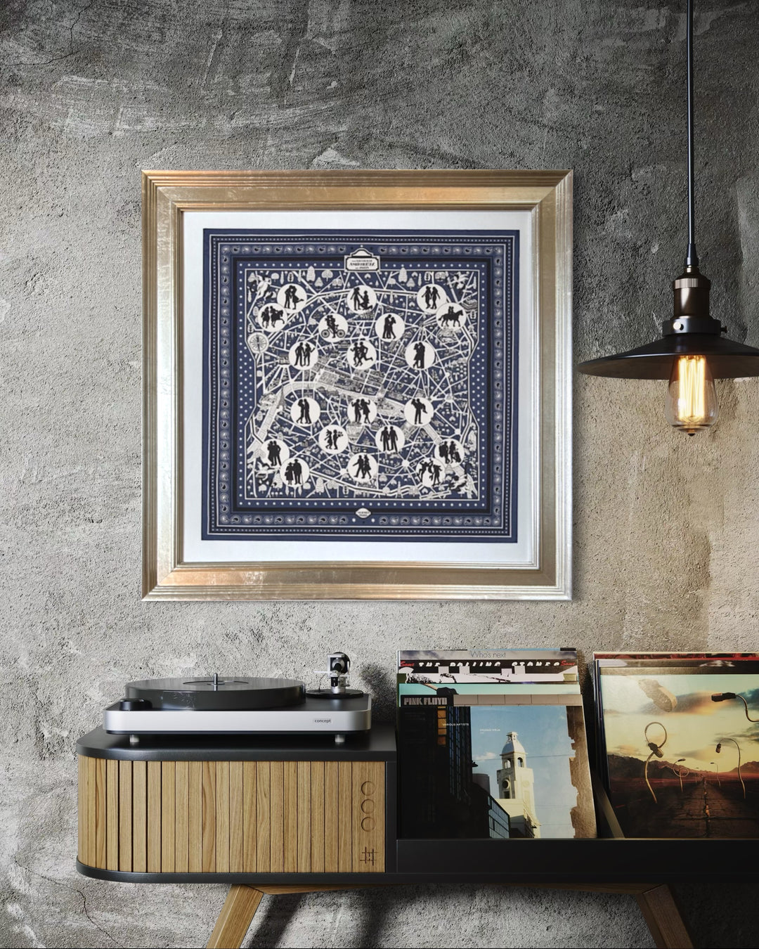 Nouveaux Amoureux de Paris Framed Vintage Silk Scarf 27"