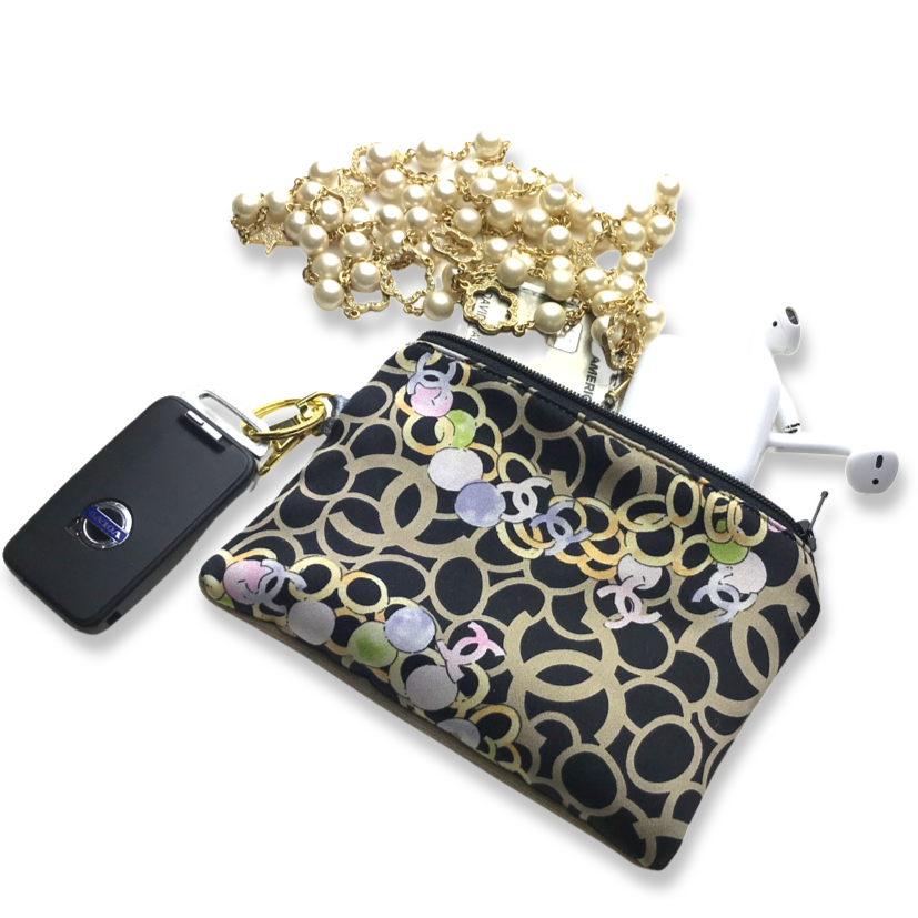Vintage Chanel keychain bag CC Noir Vintage Silk Scarf Coffee Run Keychain Bag at Vintage Luxe Up
