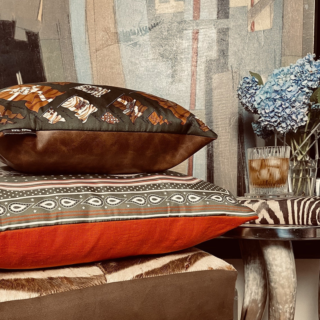 Couvertures et Tenues du Jour Blue Vintage Silk Scarf Lumbar Pillow 35"
