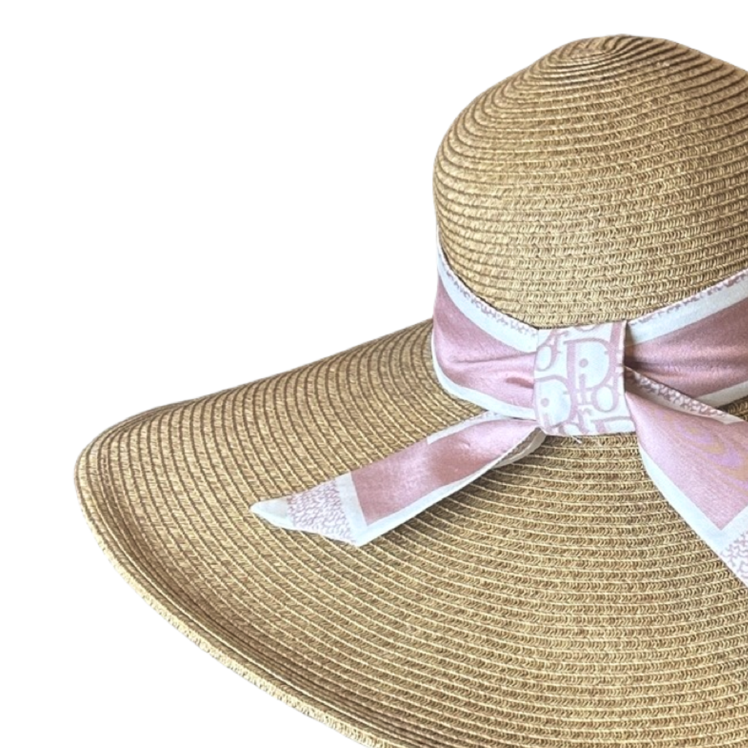 Dior Trotter Pink Scarf Straw Hat exclusively at Vintage Luxe Up