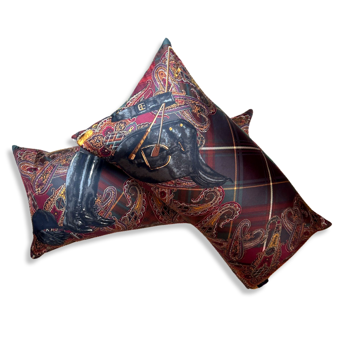 Vintage Ralph Lauren Pillow Equestrian Paisley & Tartan Vintage Silk Scarf Pillows at Vintage Luxe Up