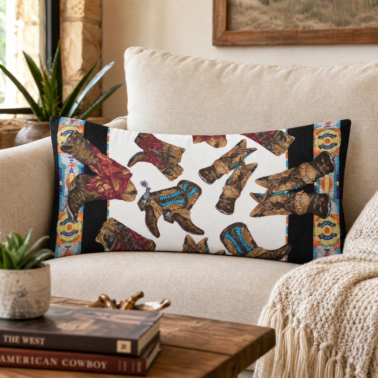 Cowboy Boots Vintage Silk Scarf Pillow 35"
