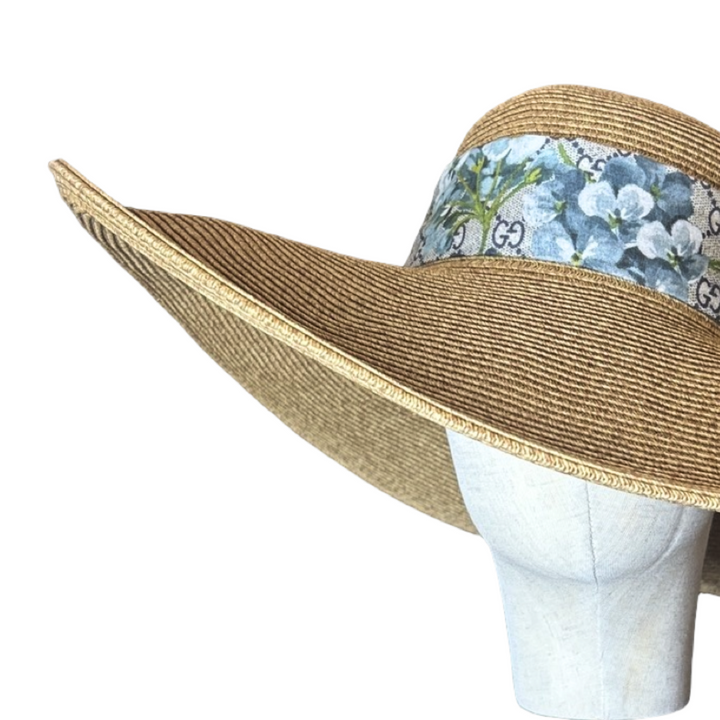 Gucci GG Logo Blooms Blue Scarf Straw Hat exclusively at Vintage Luxe Up