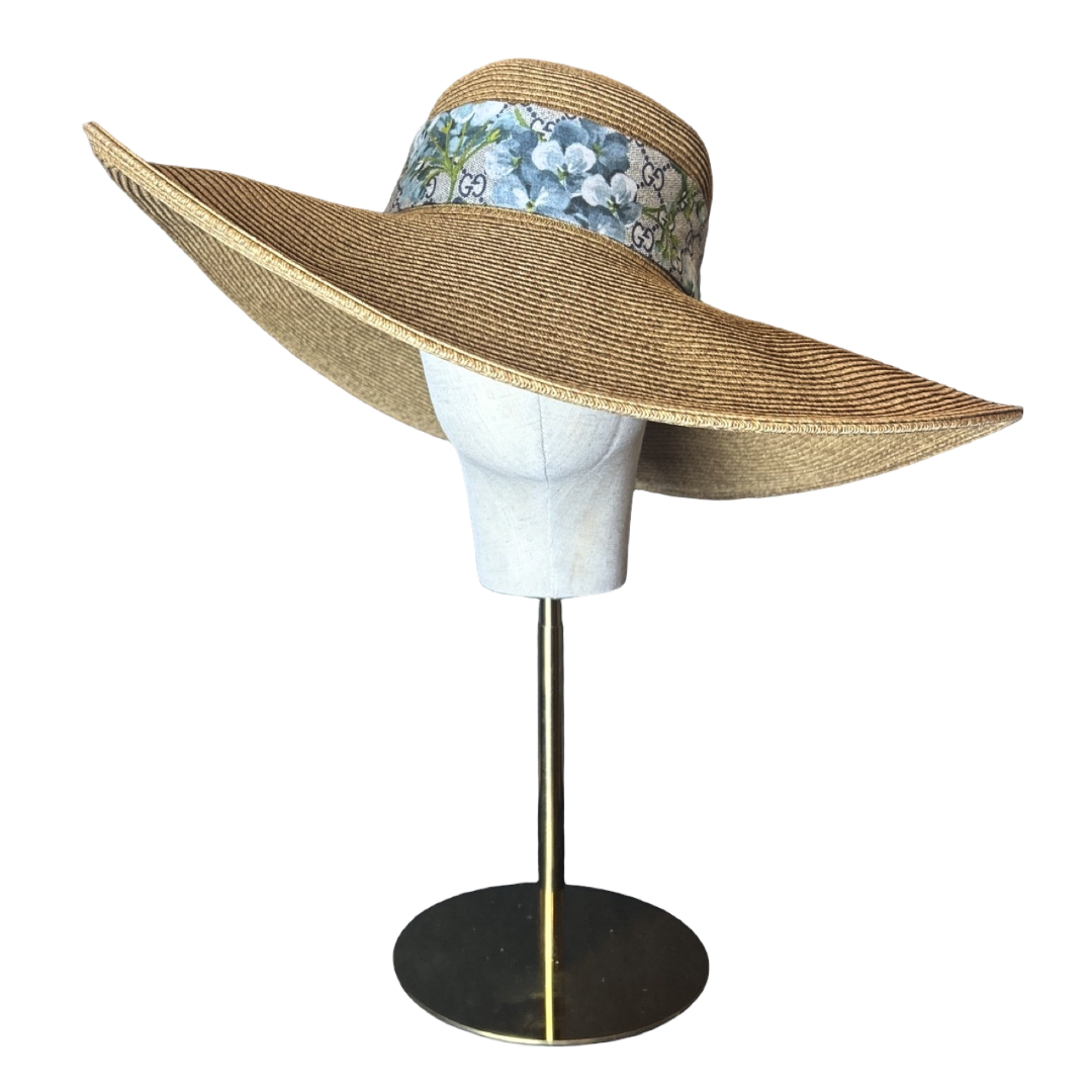 Gucci GG Logo Blooms Blue Scarf Straw Hat exclusively at Vintage Luxe Up