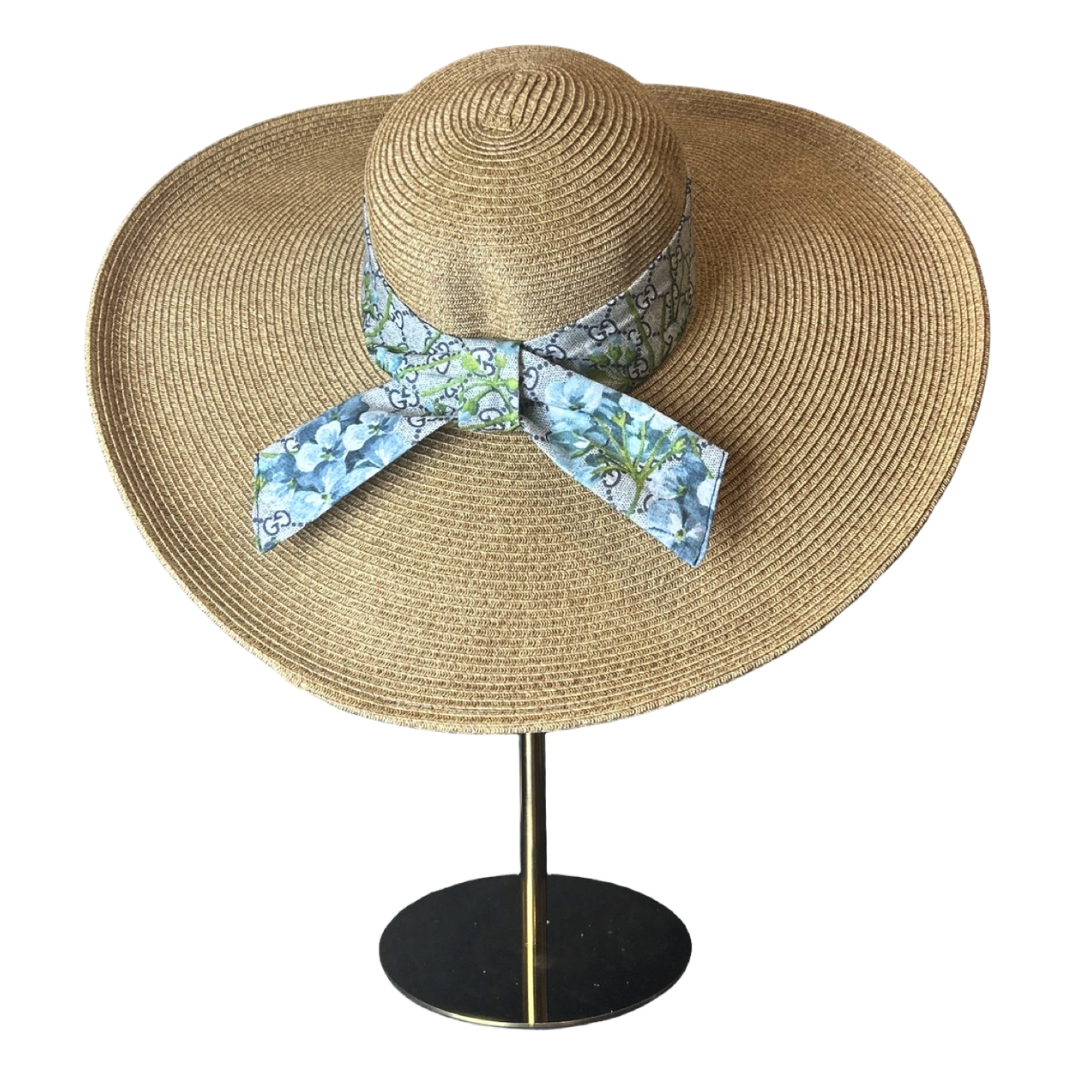 Gucci GG Logo Blooms Blue Scarf Straw Hat exclusively at Vintage Luxe Up