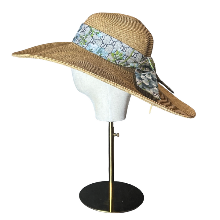 Gucci GG Logo Blooms Blue Scarf Straw Hat exclusively at Vintage Luxe Up
