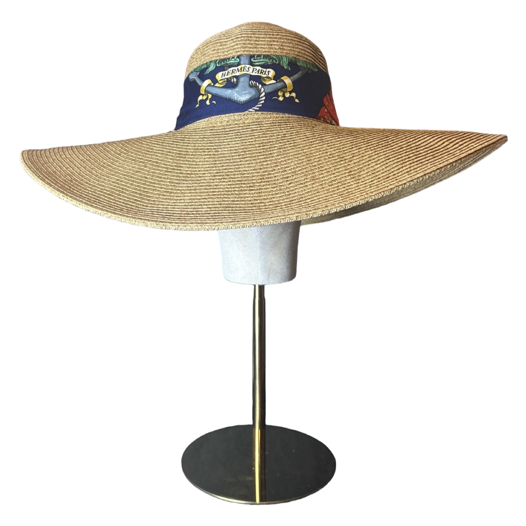 Hermes Pavois Scarf Straw Hat exclusively at Vintage Luxe Up