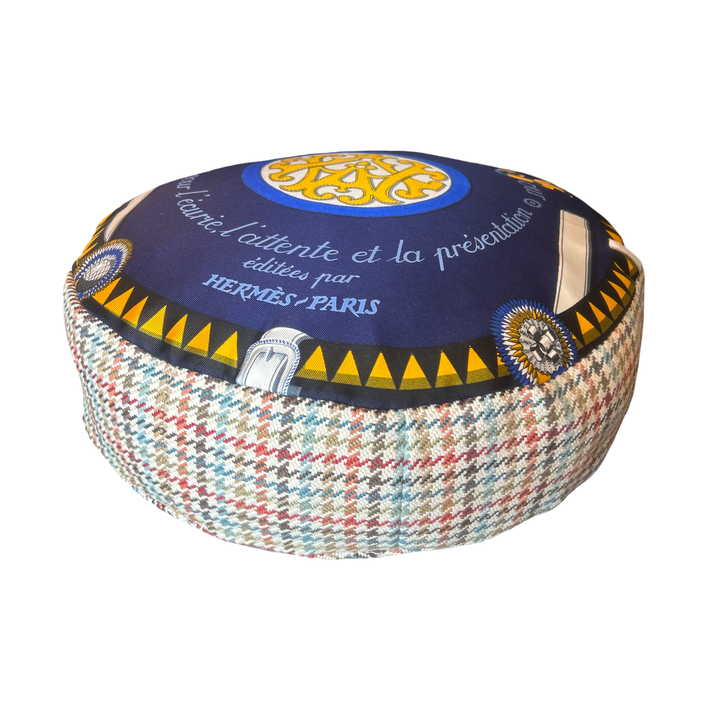 Couvertures et Tenues du Jour Blue Vintage Silk Scarf Round Pillow 13"