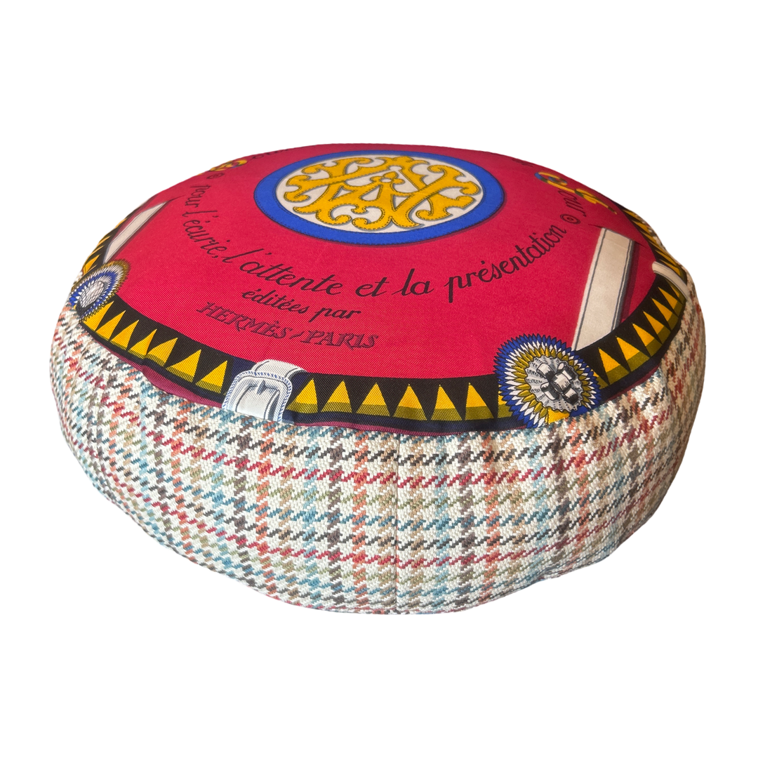Couvertures et Tenues du Jour Red Vintage Silk Scarf Round Pillow 13"