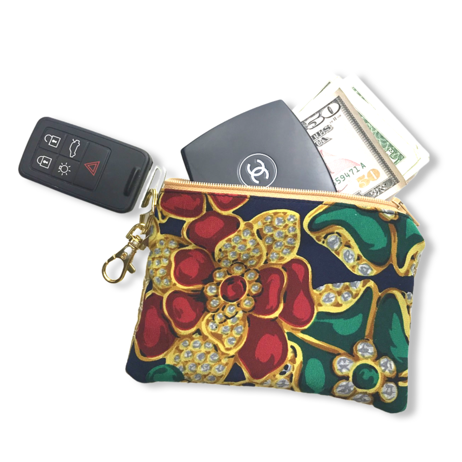 Vintage Chanel keychain bag Navy Jewels Vintage Silk Scarf Coffee Run Keychain Bag at Vintage Luxe Up