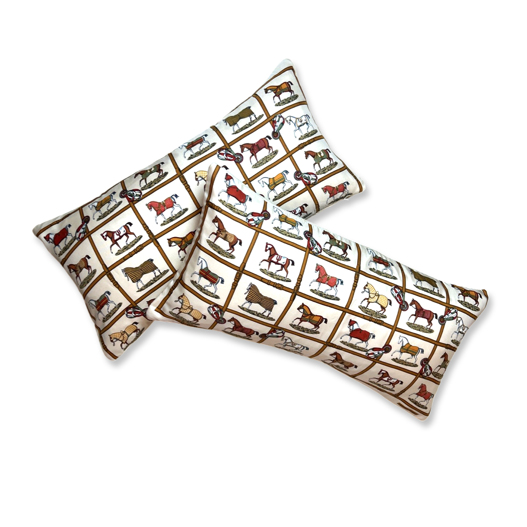 HERMES Petits Chevaux Vintage Silk Scarf Pillow Cover Decorative Pillow