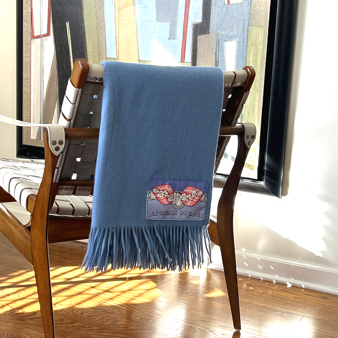Vintage Hermes Blanket Rubans du Cheval Vintage Silk Scarf & Cashmere Throw Blanket at Vintage Luxe Up