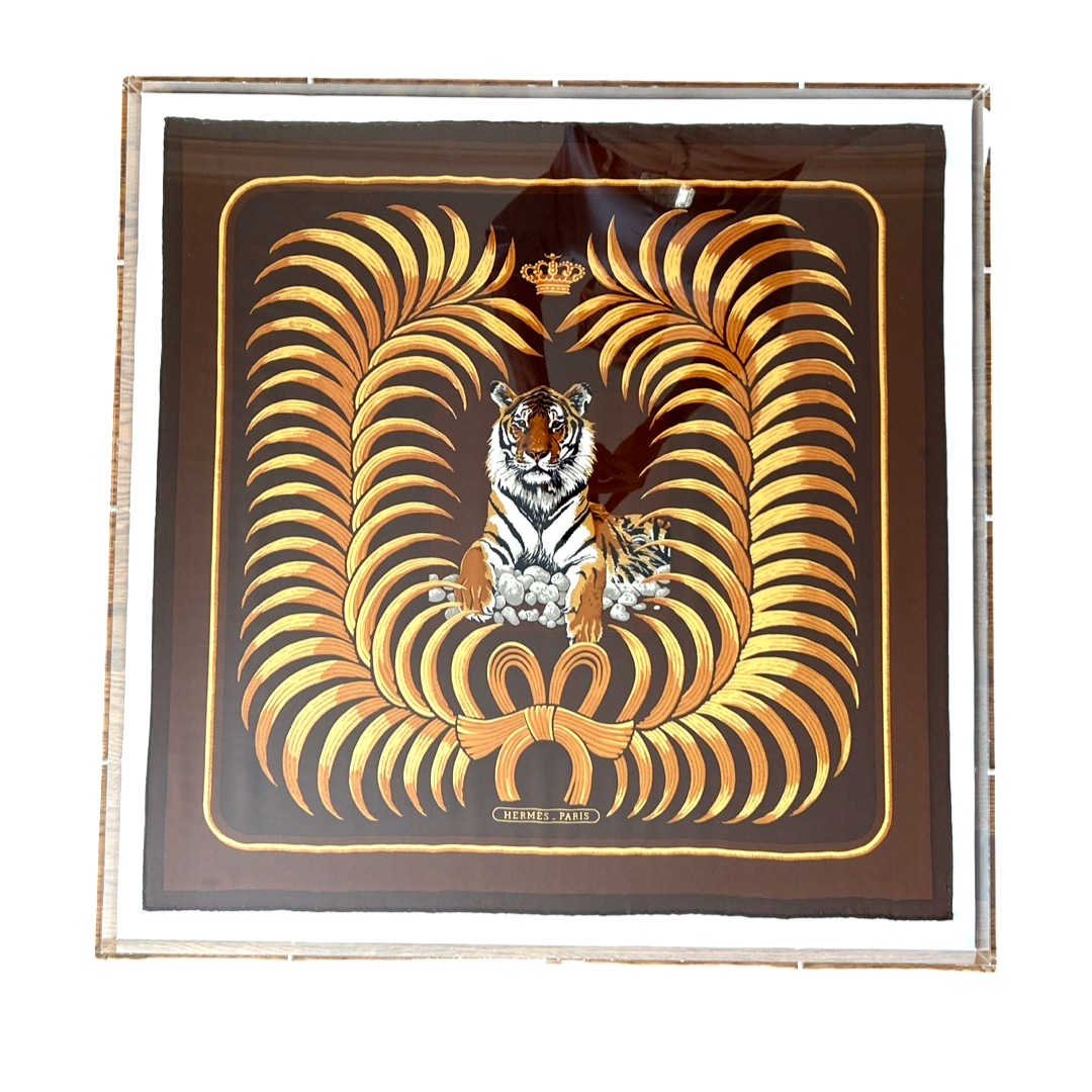 HERMES Tigre Royal Acrylic Shadow Box Framed Vintage Silk  Hermès Rare Silk Scarf with Tiger and Gold Leaf Design main image 0