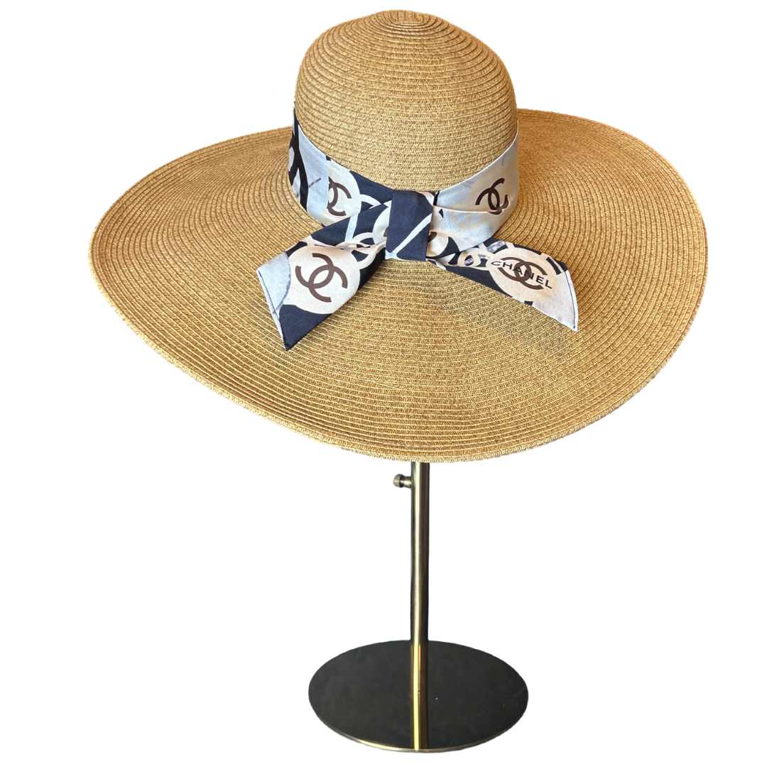 Chanel Camellia Noir Scarf Straw Hat exclusively at Vintage Luxe Up