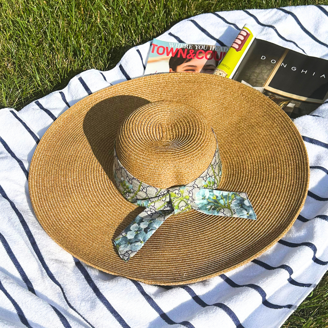 Gucci GG Logo Blooms Blue Scarf Straw Hat exclusively at Vintage Luxe Up