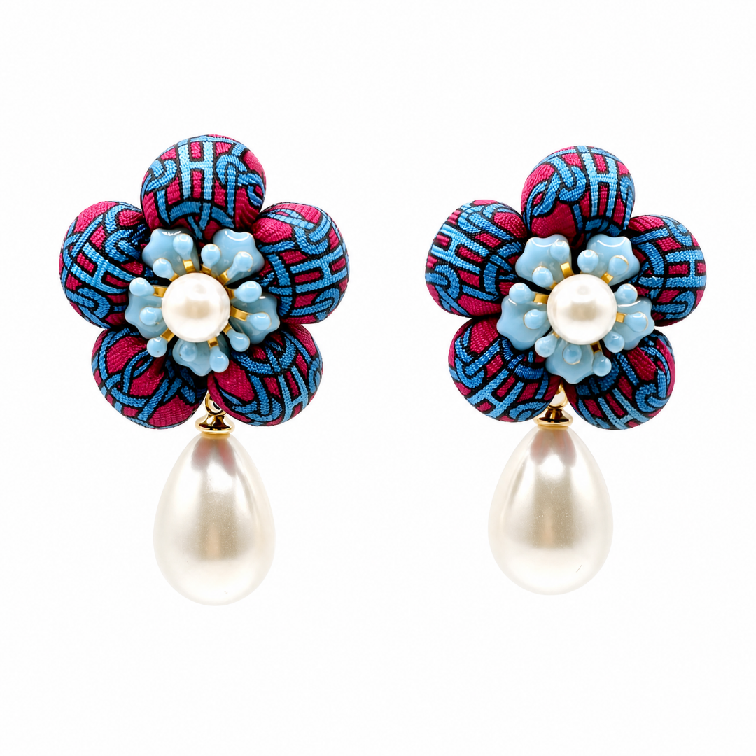 H Print Vintage Silk Necktie Drop Earrings
