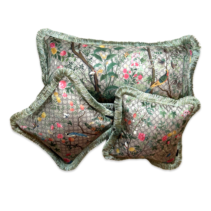 Vintage Gucci Pillow GG Logo Tree of Life Tian Chinoiserie Vintage Silk Scarf Pillows at Vintage Luxe Up