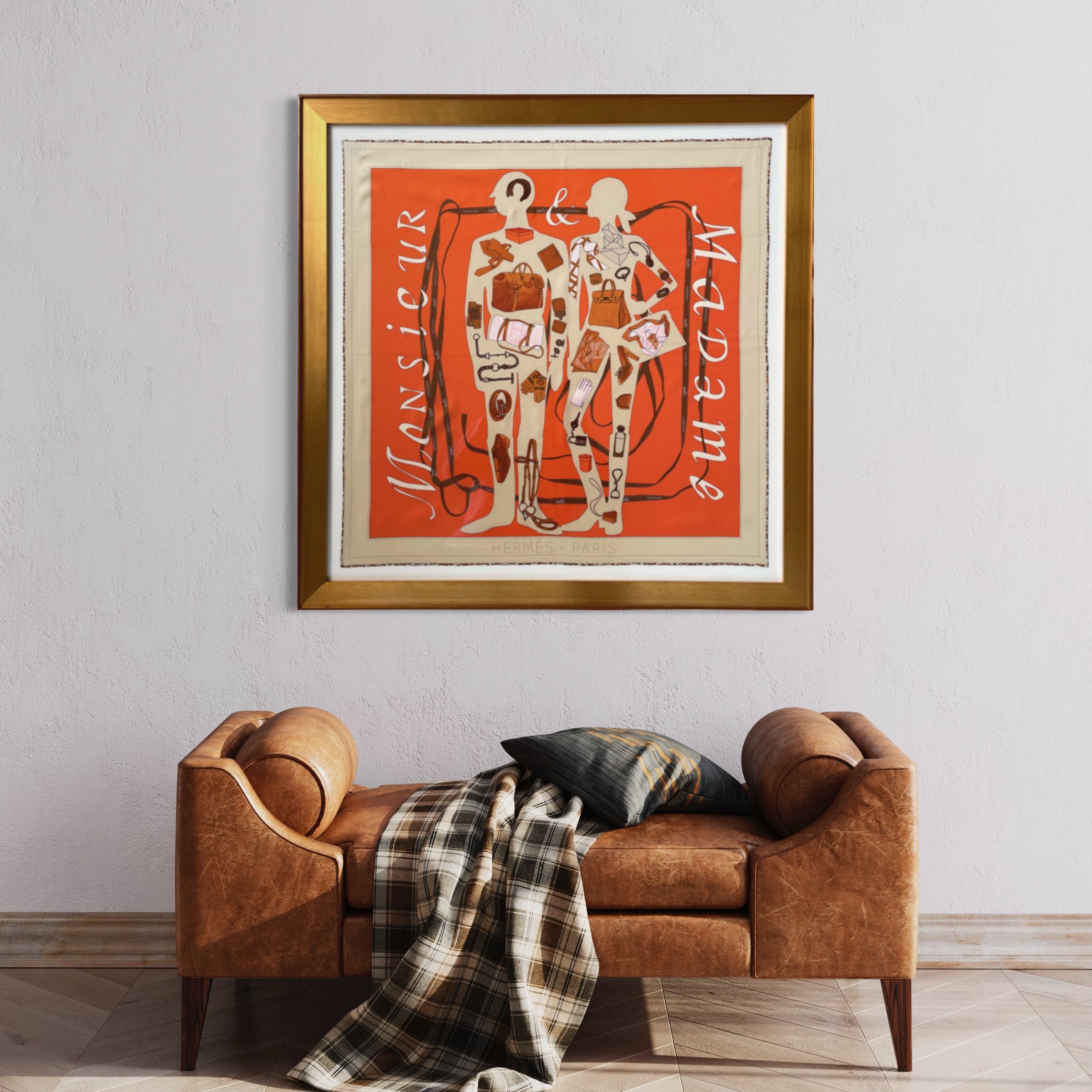 HERMÈS Monsieur et Madame Vintage Silk Scarf Framed Art 30