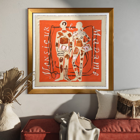 Framed Hermes Scarf Monsieur et Madame Leopard Framed Vintage Silk Scarf 32" Vintage Hermes at Vintage Luxe Up