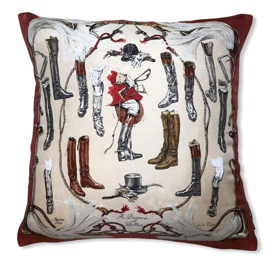 Vintage Hermes Pillow A Propos des Bottes Vintage Silk Scarf Pillow 17" at Vintage Luxe Up