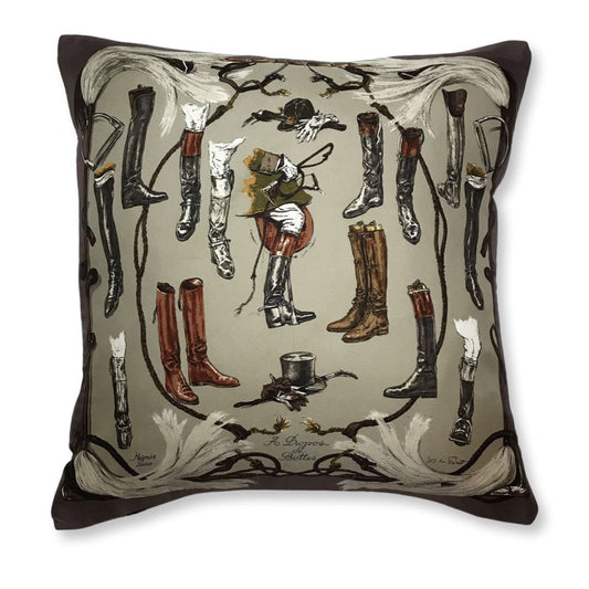 Vintage Hermes Pillow A Propos des Bottes Vintage Silk Scarf Pillow 17" at Vintage Luxe Up