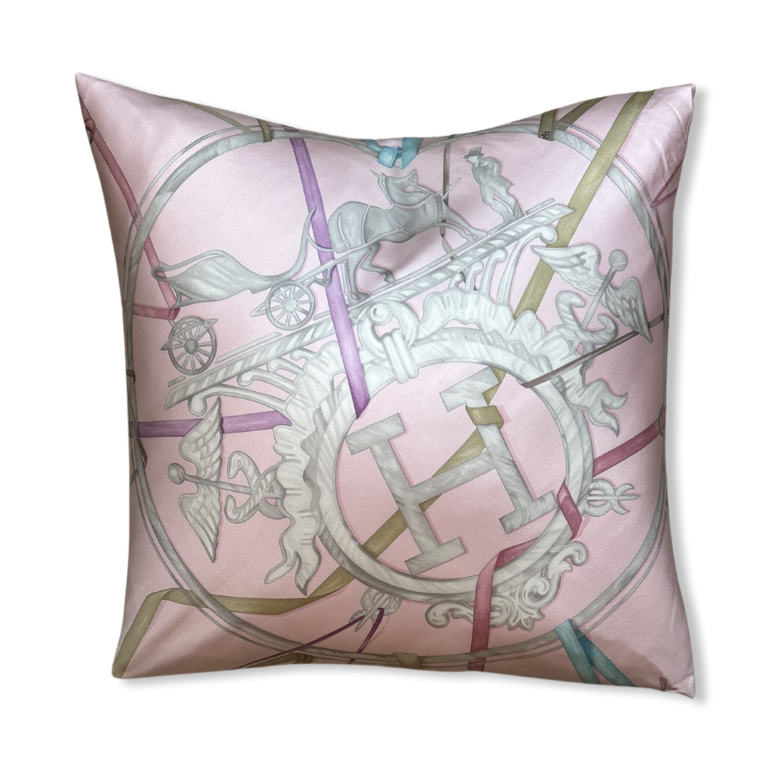 Vintage Hermes Pillow Attrape Tes Reves Pink Vintage Silk Scarf Pillow 24" at Vintage Luxe Up
