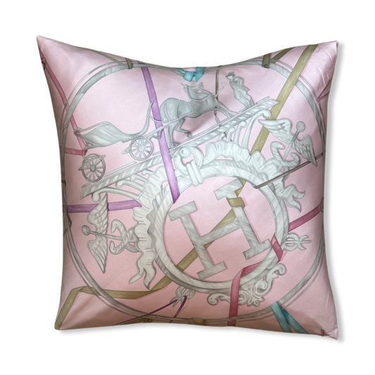 Vintage Hermes Pillow Attrape Tes Reves Pink Vintage Silk Scarf Pillow 24" at Vintage Luxe Up
