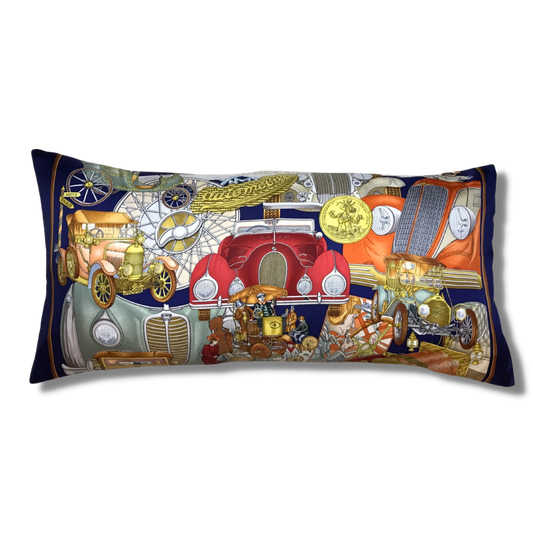 Vintage Hermes Pillow Automobile Vintage Silk Scarf Lumbar Pillow 35" at Vintage Luxe Up