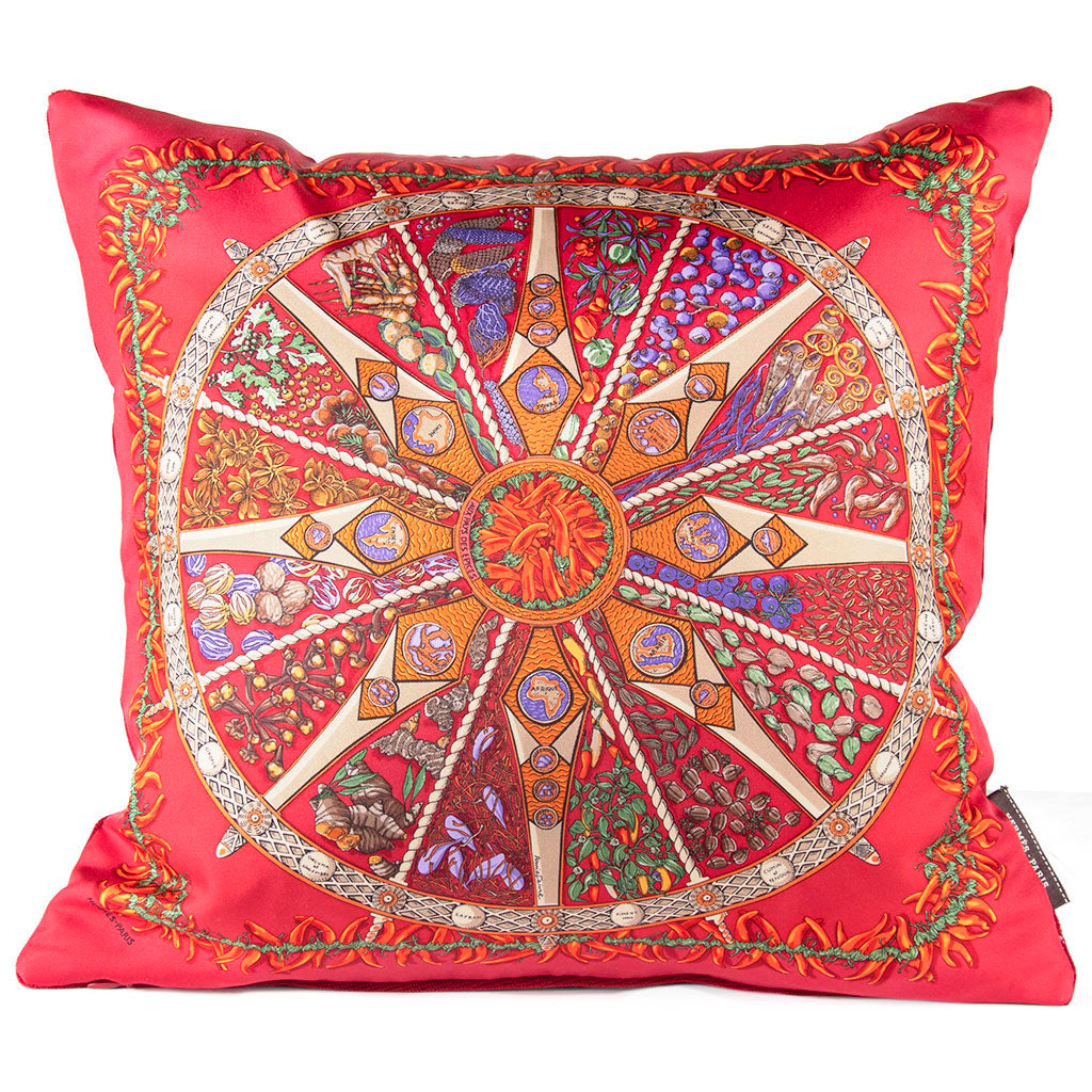Vintage Hermes Pillow Aux Pays des Epices Vintage Silk Scarf Pillow 17" at Vintage Luxe Up