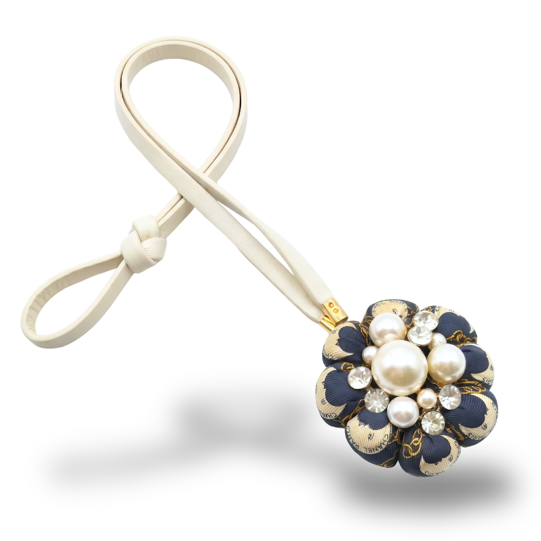 Logo Moon Pearl Cluster Vintage Silk Necktie Bag Charm