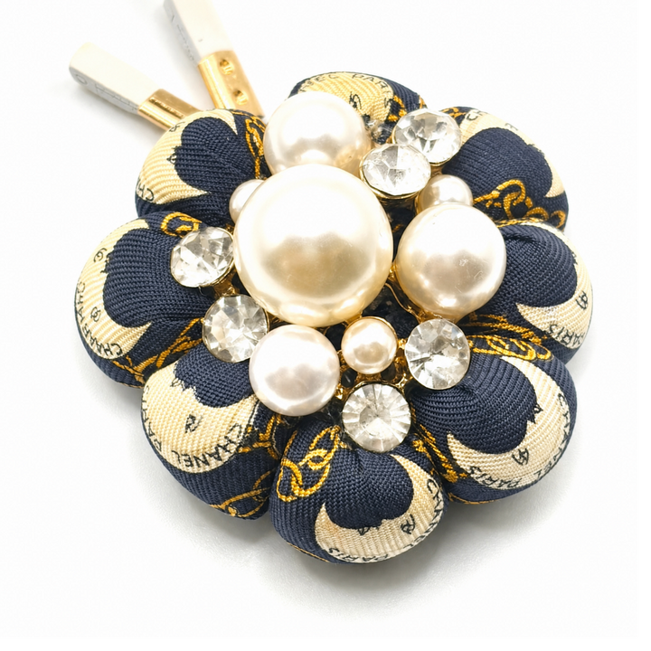 Logo Moon Pearl Cluster Vintage Silk Necktie Bag Charm