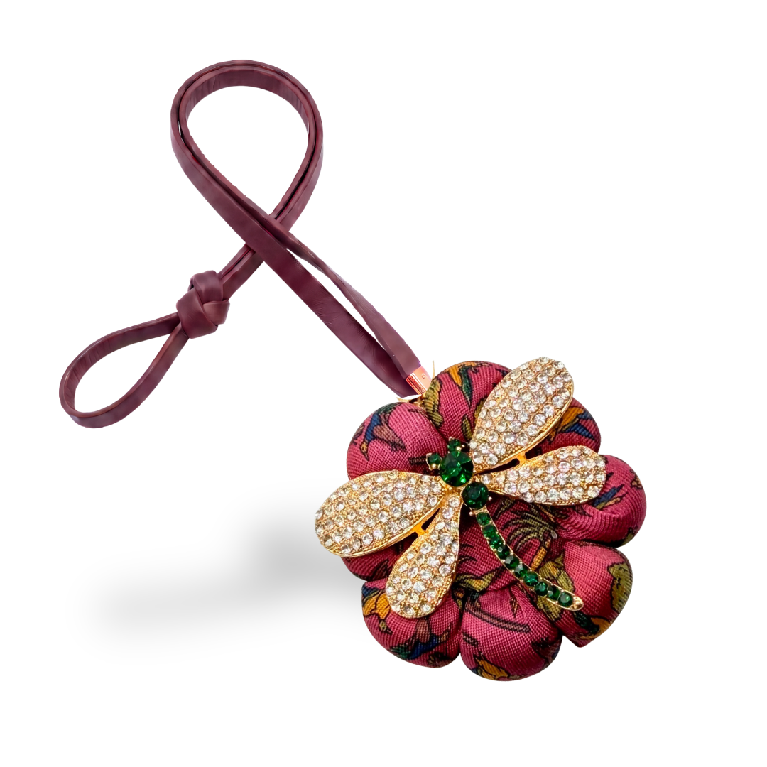 Aviary Print Dragonfly Vintage Silk Necktie Bag Charm