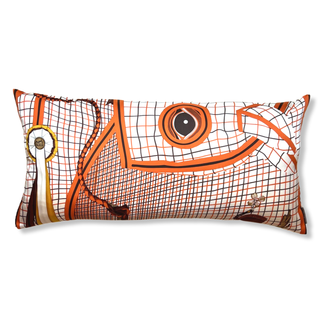 Vintage Hermes Pillow Bete de Concours Vintage Silk Scarf Lumbar Pillow 35" at Vintage Luxe Up