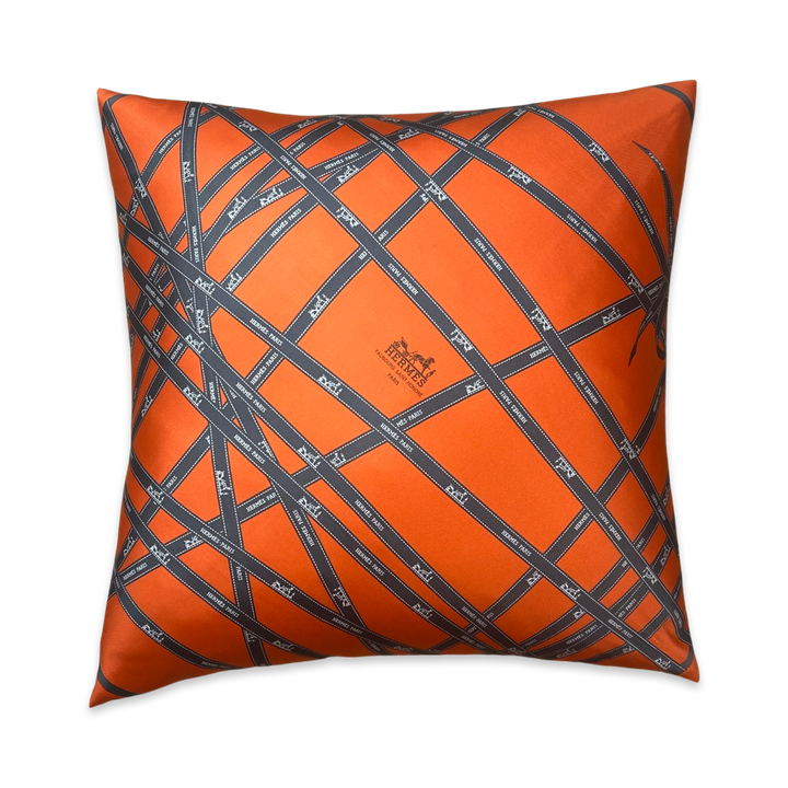 Vintage Hermes Pillow Bolduc Ribbon Orange Vintage Silk Scarf Pillow 24" at Vintage Luxe Up