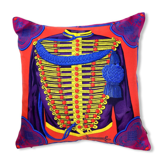 Vintage Hermes Pillow Brandebourgs Vermillion Vintage Silk Scarf Pillow 17" at Vintage Luxe Up