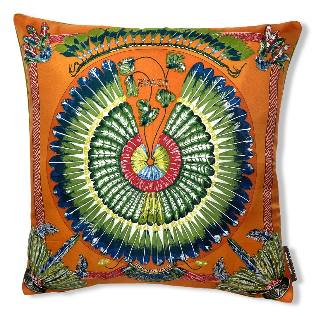 Vintage Hermes Pillow Brazil Vintage Silk Scarf Pillow 17" at Vintage Luxe Up