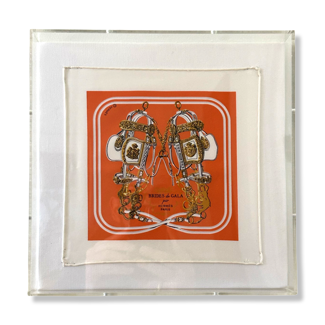 Framed Hermes Scarf Brides de Gala Acrylic Shadow Box Framed Vintage Silk Scarf 10" Vintage Hermes at Vintage Luxe Up