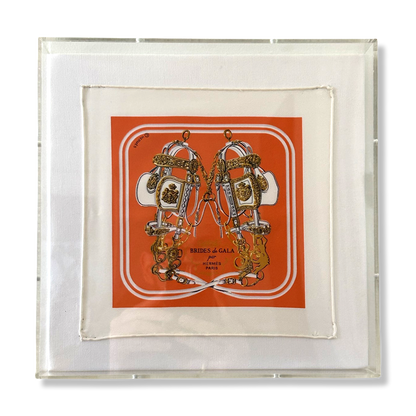 Framed Hermes Scarf Brides de Gala Acrylic Shadow Box Framed Vintage Silk Scarf 10" Vintage Hermes at Vintage Luxe Up