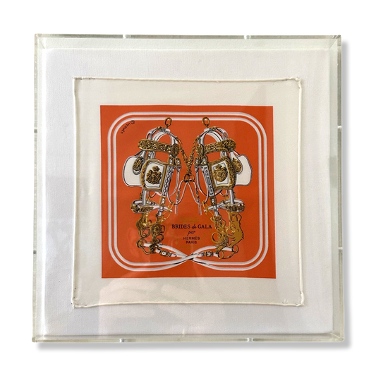 Framed Hermes Scarf Brides de Gala Acrylic Shadow Box Framed Vintage Silk Scarf 10" Vintage Hermes at Vintage Luxe Up