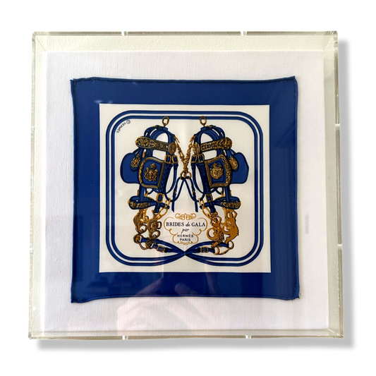 Framed Hermes Scarf Brides de Gala Acrylic Shadow Box Framed Vintage Silk Scarf 10" Vintage Hermes at Vintage Luxe Up