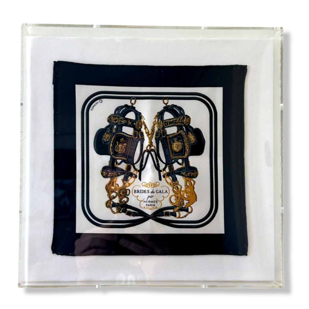 Framed Hermes Scarf Brides de Gala Acrylic Shadow Box Framed Vintage Silk Scarf 10" Vintage Hermes at Vintage Luxe Up