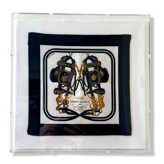 Framed Hermes Scarf Brides de Gala Acrylic Shadow Box Framed Vintage Silk Scarf 10" Vintage Hermes at Vintage Luxe Up