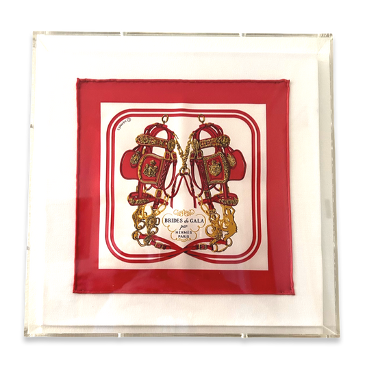 Framed Hermes Scarf Brides de Gala Acrylic Shadow Box Framed Vintage Silk Scarf 10" Vintage Hermes at Vintage Luxe Up