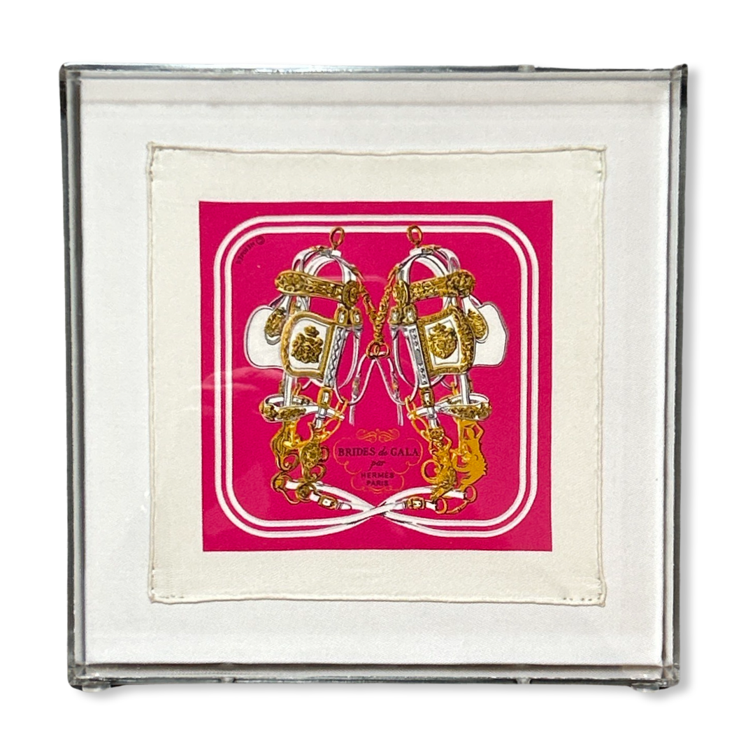 Framed Hermes Scarf Brides de Gala Acrylic Shadow Box Framed Vintage Silk Scarf 10" Vintage Hermes at Vintage Luxe Up