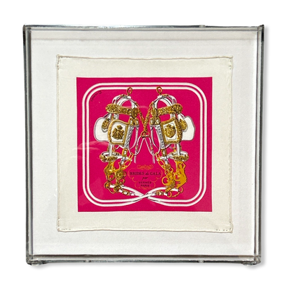 Framed Hermes Scarf Brides de Gala Acrylic Shadow Box Framed Vintage Silk Scarf 10" Vintage Hermes at Vintage Luxe Up