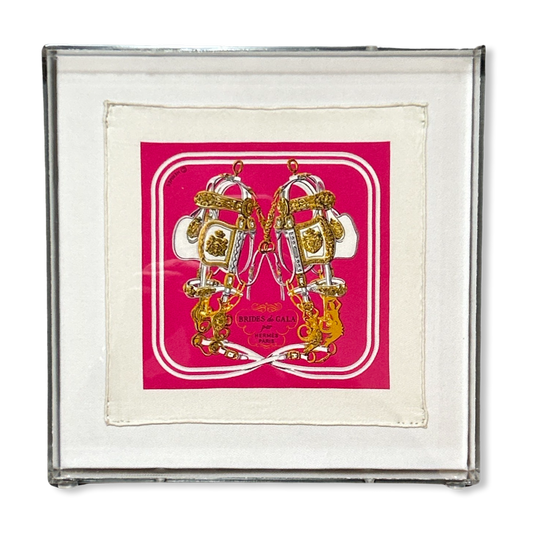 Framed Hermes Scarf Brides de Gala Acrylic Shadow Box Framed Vintage Silk Scarf 10" Vintage Hermes at Vintage Luxe Up