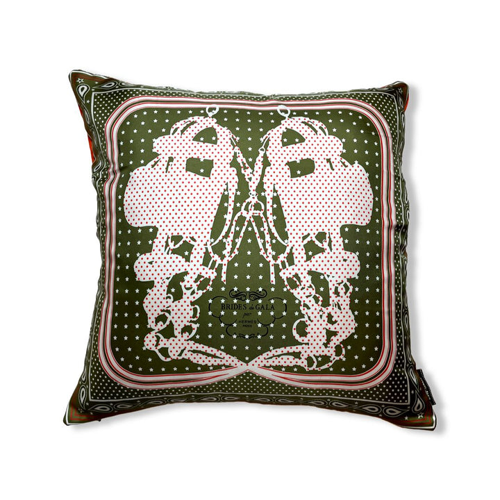 Vintage Hermes Pillow Brides de Gala Bandana Khaki Silk Scarf Pillow 22" at Vintage Luxe Up