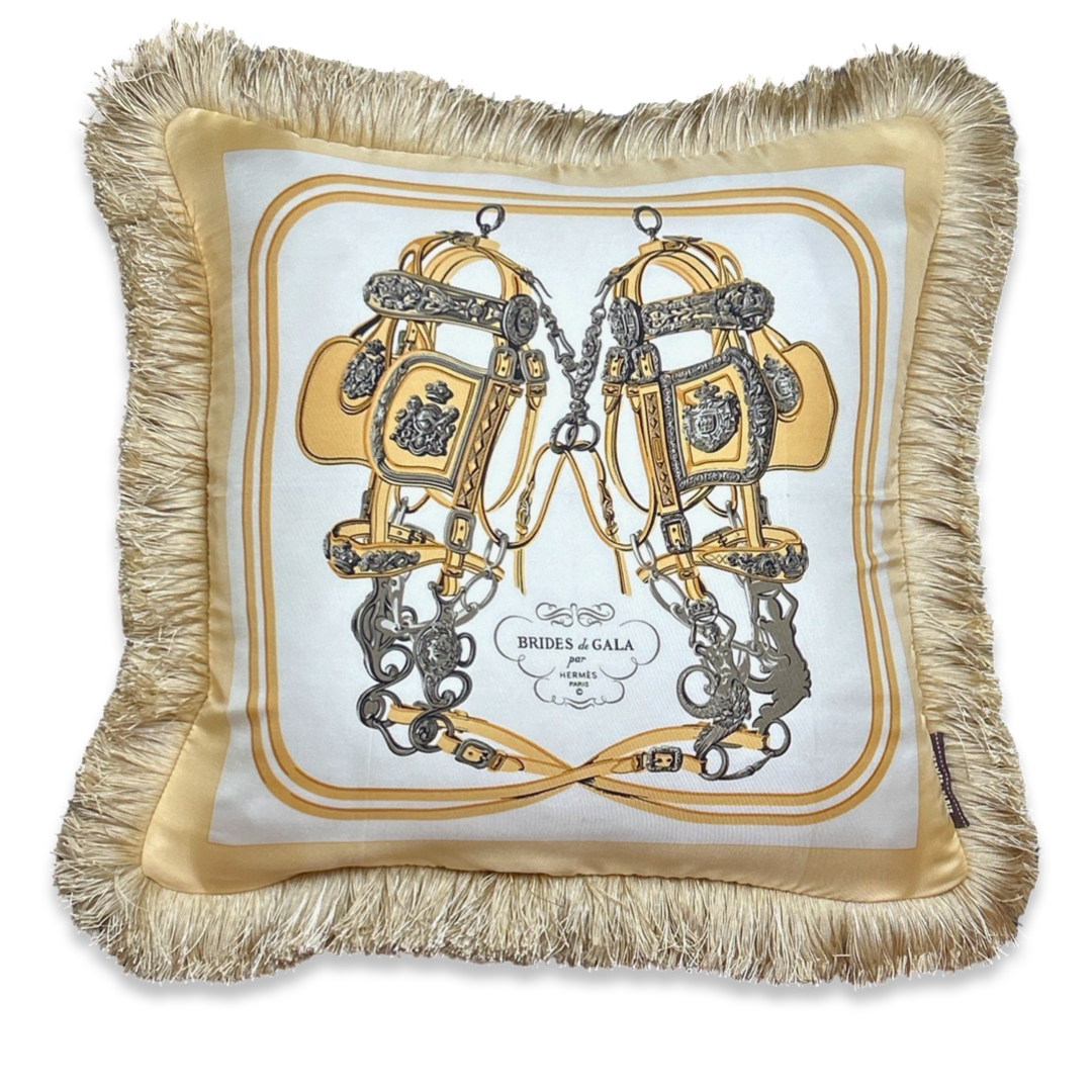 Vintage Hermes Pillow Brides de Gala Ivory Vintage Silk Scarf Pillow 19" at Vintage Luxe Up