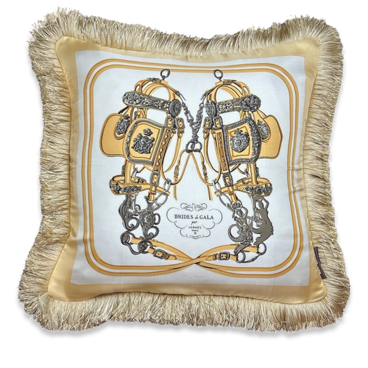 Vintage Hermes Pillow Brides de Gala Ivory Vintage Silk Scarf Pillow 19" at Vintage Luxe Up